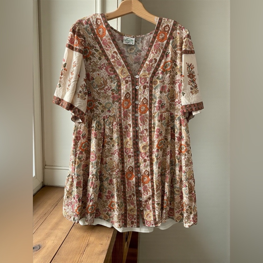 New Dia Floral Babydoll Dress Large Boho Cottagecore Tiered V Neck flowy - Picture 6 of 6